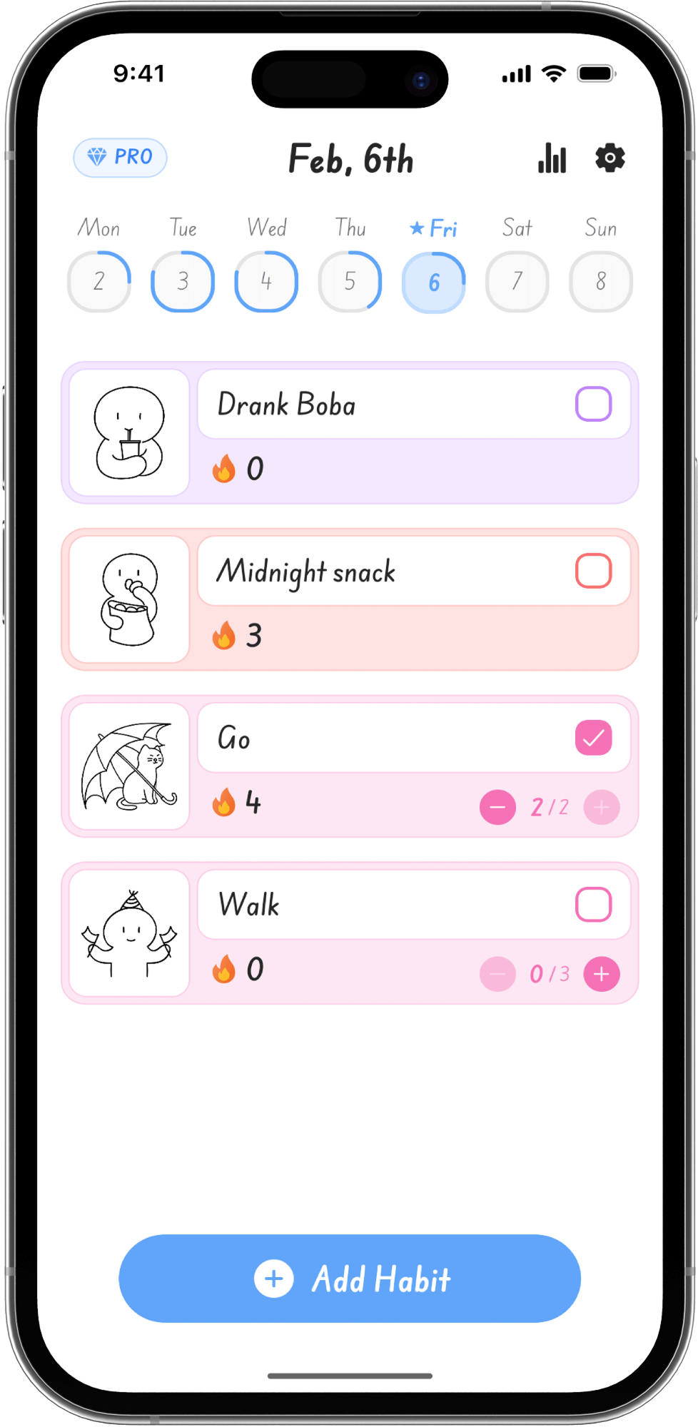 Cozy app interface showing habit tracking features