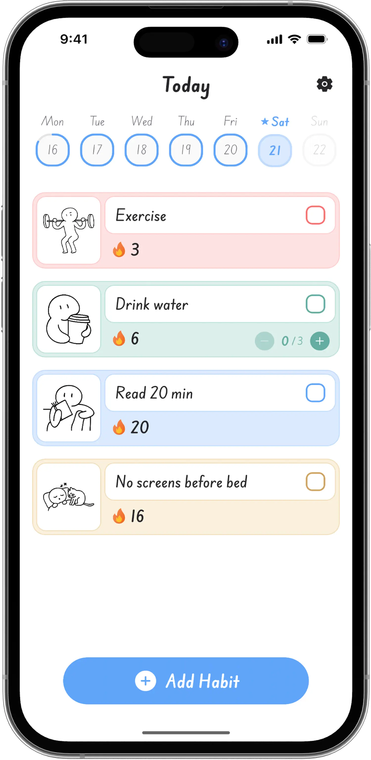 Cozy app interface showing habit tracking features