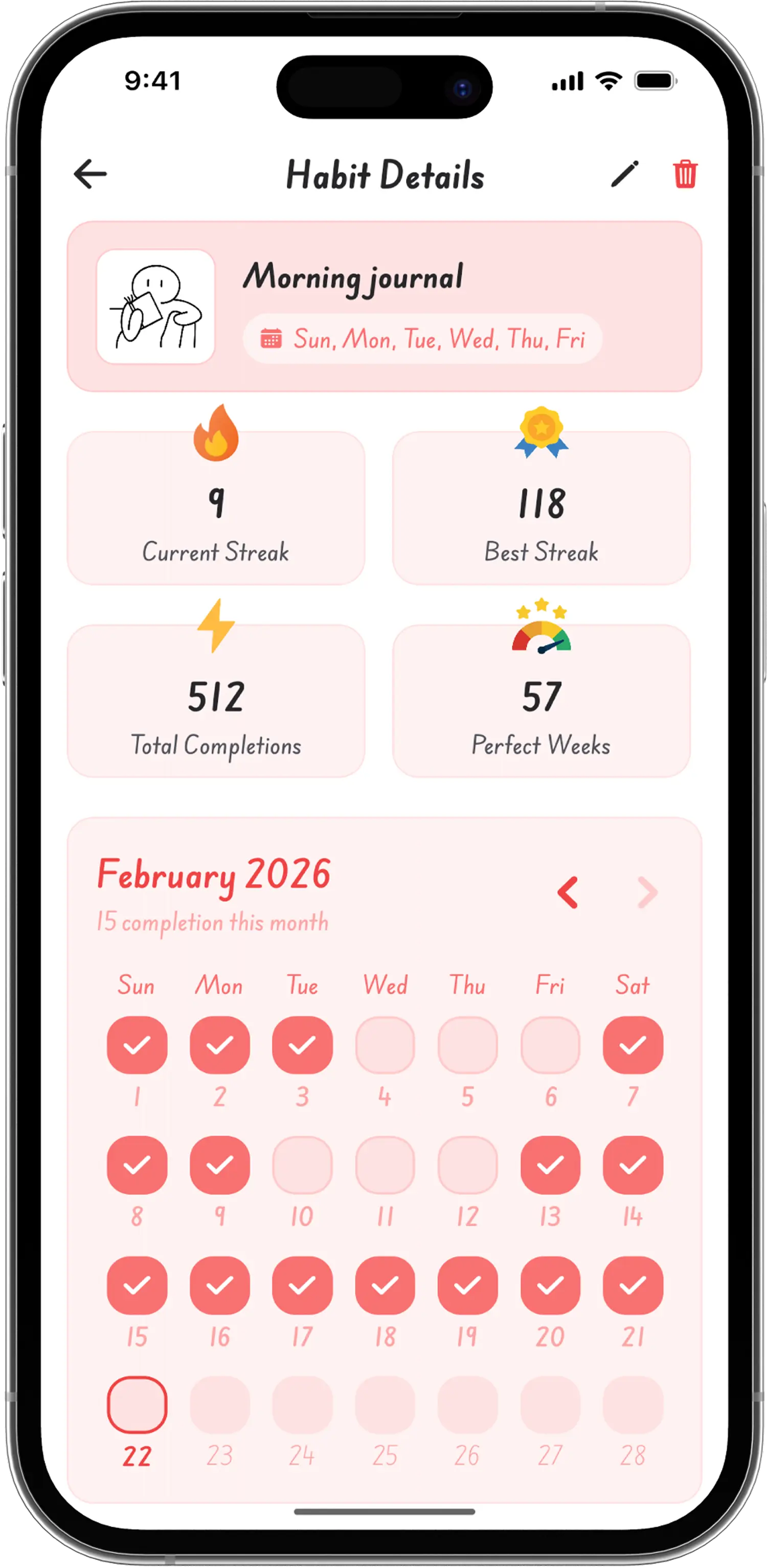 Cozy app habit management interface